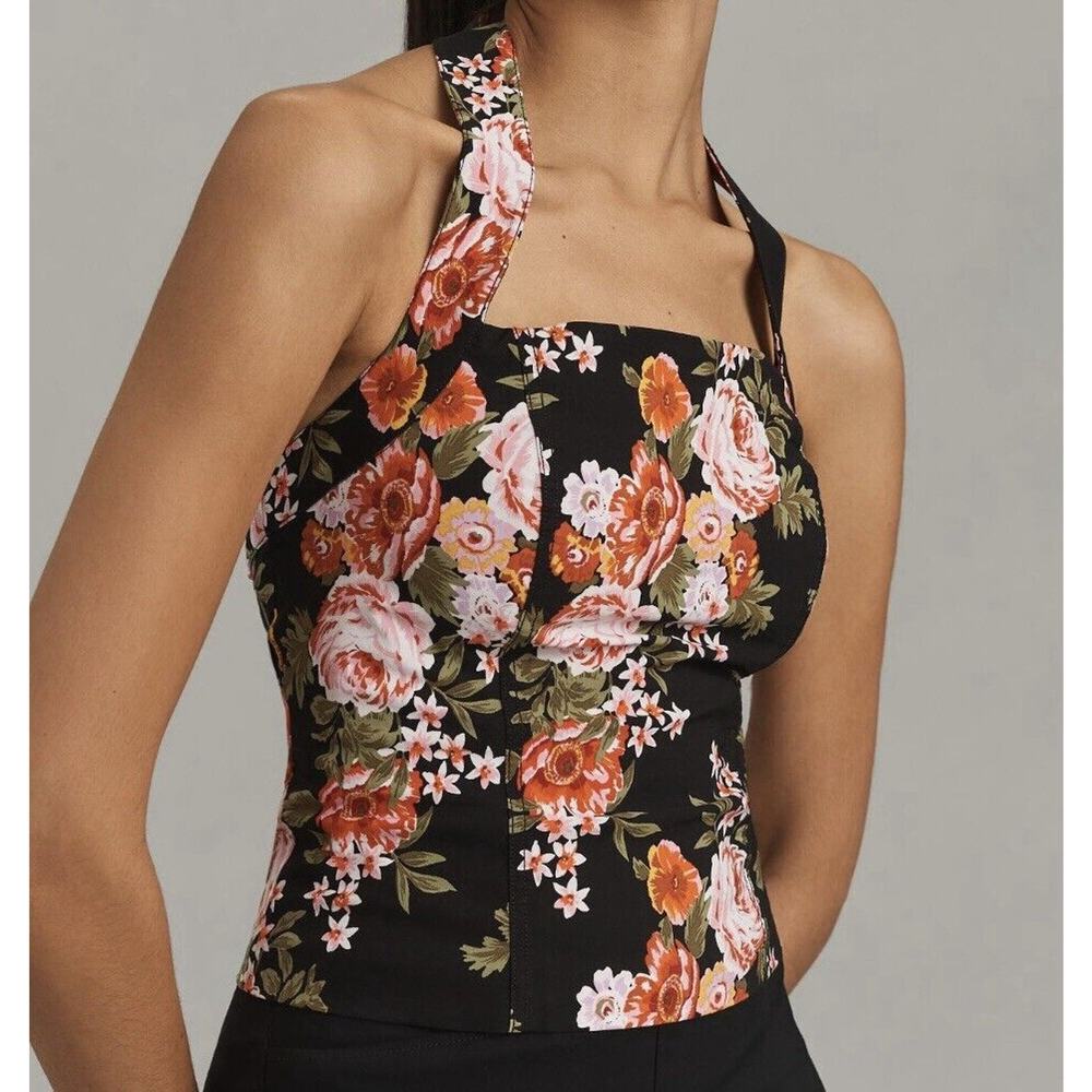 Anthropologie Maeve Retro Halter Floral Tropical Top Black Motif XL